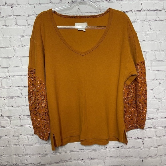 Anthropology Waffle Knit Embellished Sleeve V-Neck Top XS - Picture 1 of 10